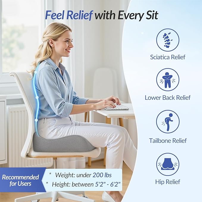ZIKEE Pioneering Seat Cushion for Pressure Relief, Ergonomic Office Chair Cushion for Sciatica, Back, Hemorrhoids & Tailbone Pain Relief, High-Density Memory Foam Car Seat Cushion with Anti-Slip Base