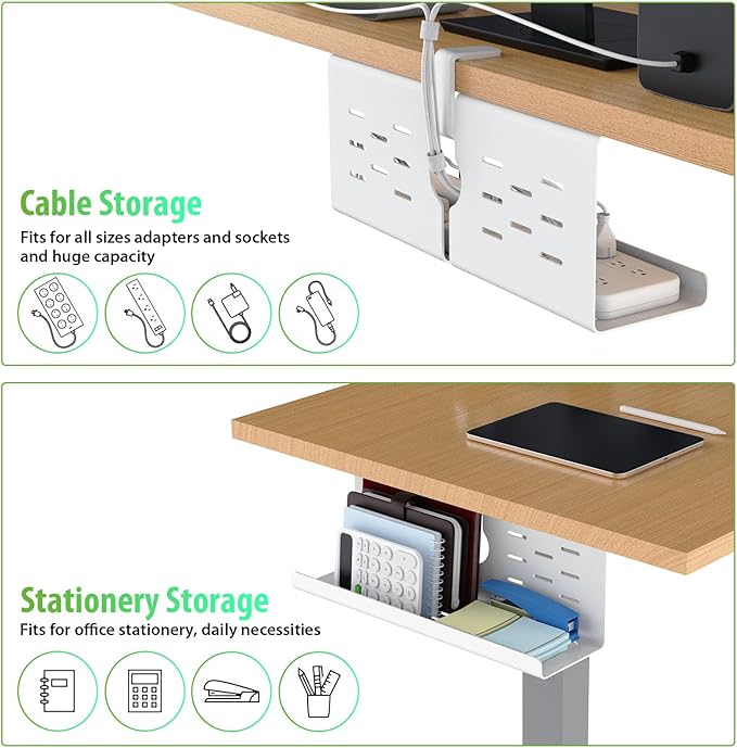 KEEGH 16'' Under Desk Cable Management Tray, No Drill Clamp/Screws Mount, Sturdy Metal Cable Tray for Place Power Strip, Cord Management Tray for Home Office, Gaming Desk, Standing Desk, 1 Pack, White