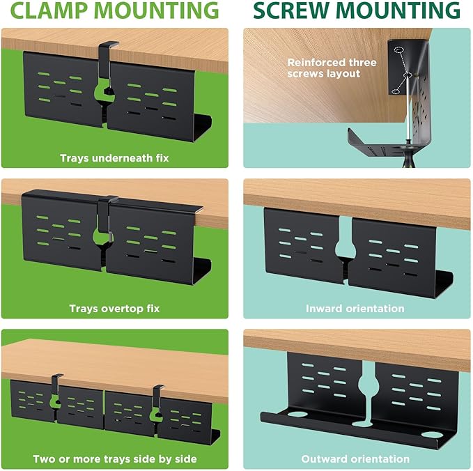 KEEGH 16'' Under Desk Cable Management Tray, No Drill Clamp/Screws Mount, Sturdy Metal Cable Tray for Place Power Strip, Cord Management Tray for Home Office, Gaming Desk, Standing Desk, 1 Pack, Black