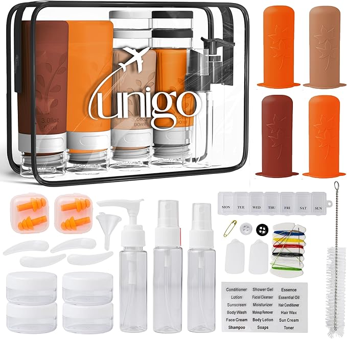 unigo Silicone Travel Bottles Set for Toiletries, Airplane Approved TSA Carry On Size, BPA Free Leakproof Refillable Squeeze Containers with Labels, Cleaning Brush and Covers (Apricot)