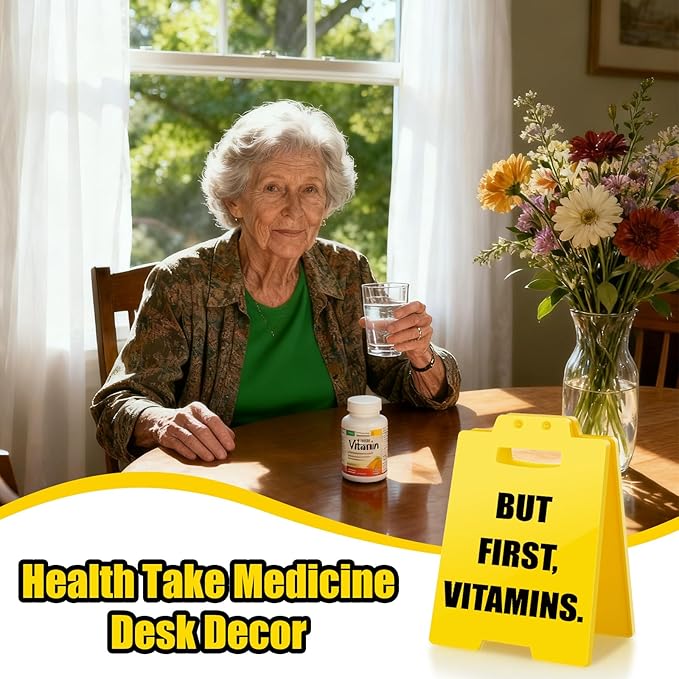 Vitamin Medicine Pill Reminder - But First Vitamins, Funny Daily Habit Desk Sign Health Medical Little Reminders Decor for Women Men Family Friend Galentines Valentines Day Birthday Gifts