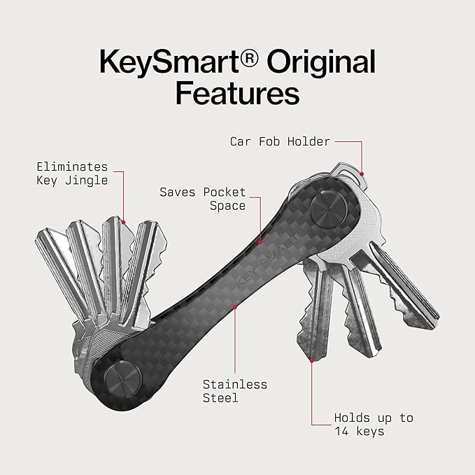 KeySmart Original Key Holder - Compact Key Organizer for Key Chain, Minimalist Clutter-Free EDC Keychains Key Ring, Carbon Fiber 3k, 14 Keys