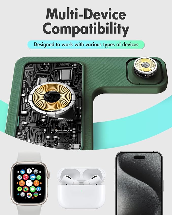 Wireless Charger Stand Charging Station: 3 in 1 Charger Multiple Devices for Apple iPhone 17 16e 16 15 14 Pro Max 13 12 11 for Watch 11 10 9 8 7 6 5 4 3 2 SE and Ultra & Airpods Series, Dark Green