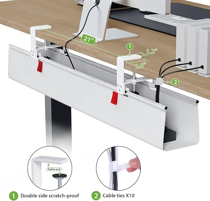 KEEGH Large 36" Under Desk Cable Management Tray - Under Desk Cord Organizer - Clamp/Screw Mount - Support Upto 70lbs - Wire Management - Gaming/PC Cable Tray - Cord Hiders for Office/Home, White