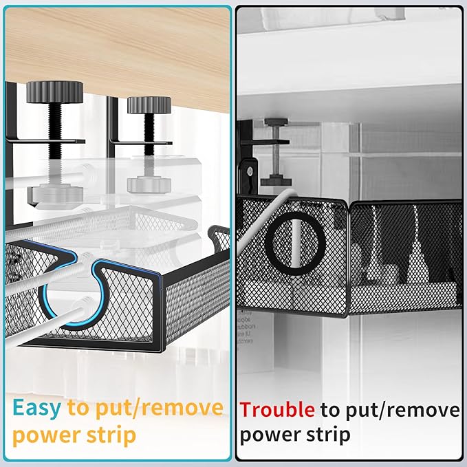 Under Desk Cable Tray - Black, No Drill Cable Organizer with Clamp for Wire Management, PC Cord Organizer & Workspace Accessories (2 Pack)