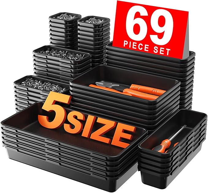 【More Larger Size】A-LuGei【69 PCS-5 Size】 Tool Box Organizer Tray Divider Set【Black】 Desk Drawer Organizer Bin, Garage Organization and Storage Toolbox for Rolling Tool Chest Cart WorkBench Part Widget