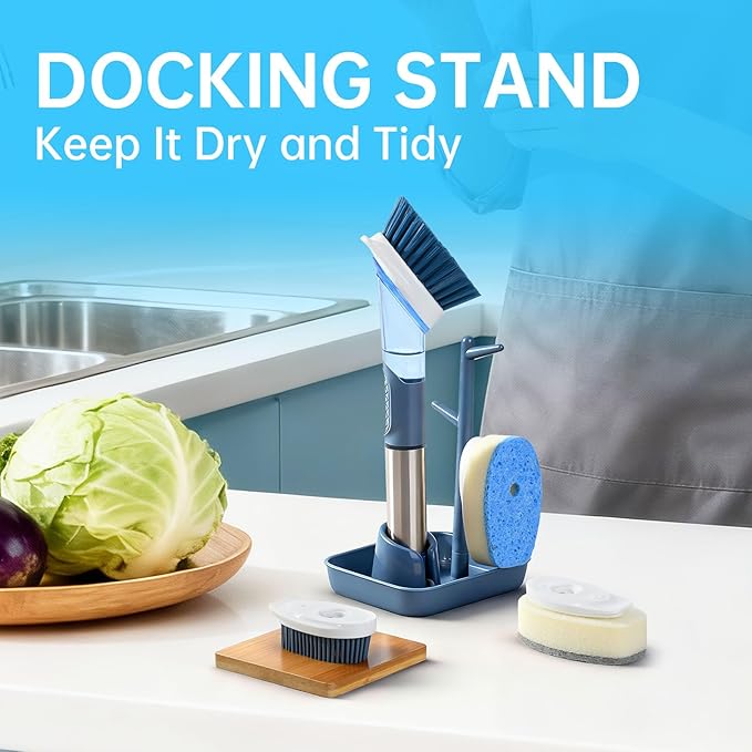 Soap Dispensing Scrub Brush - 4-in-1 Kitchen Cleaning Brush with Built-in Tank, Scraper Heads for Stubborn Grime on Pots Pans, Stand/Hang Storage-Blue