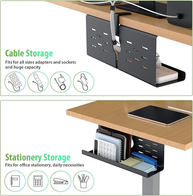 KEEGH 16'' Under Desk Cable Management Tray, No Drill Clamp/Screws Mount, Sturdy Metal Cable Tray for Place Power Strip, Cord Management Tray for Home Office, Gaming Desk, Standing Desk, 1 Pack, Black