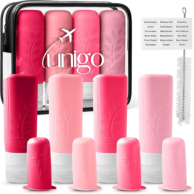 unigo Silicone Travel Bottles Set for Toiletries, Airplane Approved TSA Carry On Size, BPA Free Leakproof Refillable Squeeze Containers with Labels, Cleaning Brush and Covers (Pink)