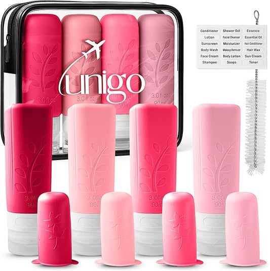 unigo Silicone Travel Bottles Set for Toiletries, Airplane Approved TSA Carry On Size, BPA Free Leakproof Refillable Squeeze Containers with Labels, Cleaning Brush and Covers (Pink)
