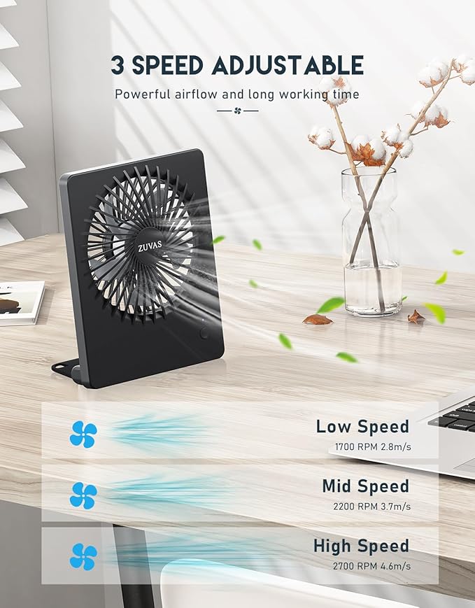 Zuvas Desk Fan Battery Operated Fan Rechargeable 180°Tilt Folding Personal Fan Ultra Quiet Small Portable 3 Speed Adjustable Strong Wind Fan For Office Bedroom Home Desktop Camping (Black)