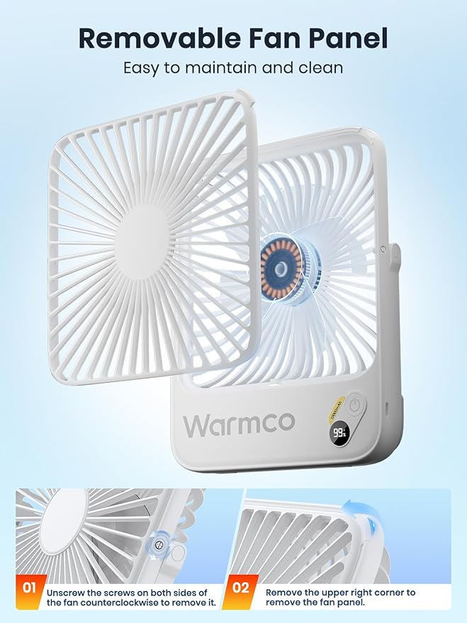 Warmco 10000mAh Portable Travel Fan 7-inch, Max 24H Runtime, Ultra-thin Quiet Rechargeable Battery Operated Desk Fan with Digital Display for Camping, Office, Bedroom, Cruise Essentials White