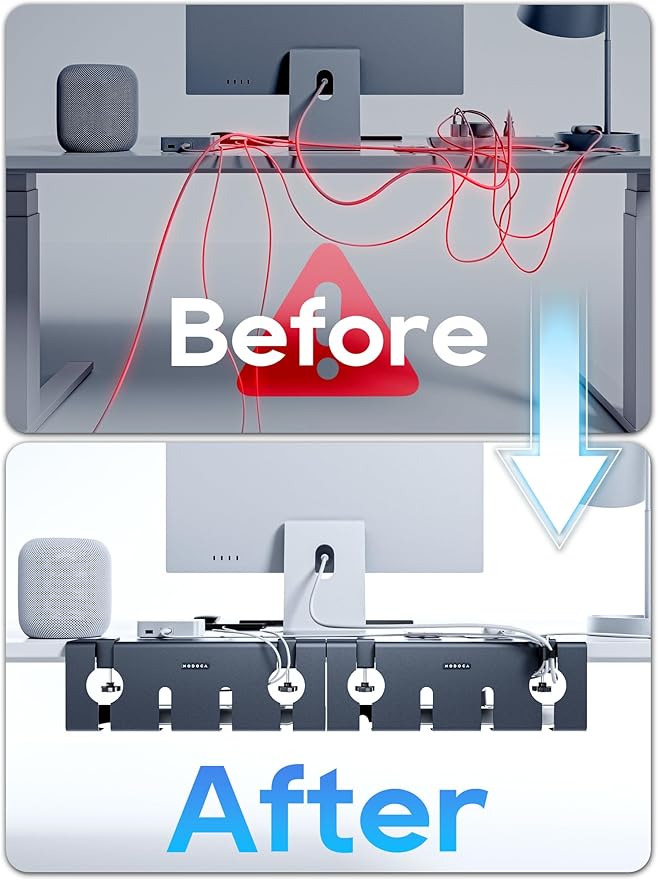 NODOCA No Drill Under Desk Cable Management Tray, 17'' Wire Management, Punch-Free Clamp on, Metal Cable Tray, Wire Organizer Under Desk, Under Desk Basket for Office and Home, Black(2 Packs)
