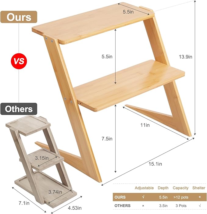3 Tier Table Top Countertop Small Plant Stand with Shelf Adjustable, Bamboo Wooden Desk Plants Succulent Stand, Office Flower Pot Holder Rack ,Cup Cake Stand, Kitchen Spice Rack