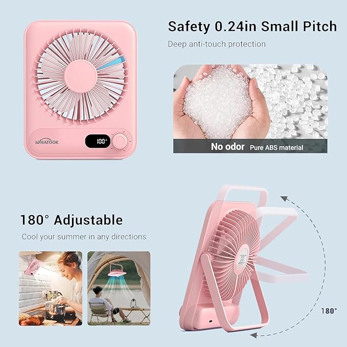 WHATOOK Small Desk Fan Personal Fans: 5000mah 25 Hours Battery Office Quiet Mini Desktop Fan Portable Rechargeable Travel Essentials (Pink, 5000 mAh)