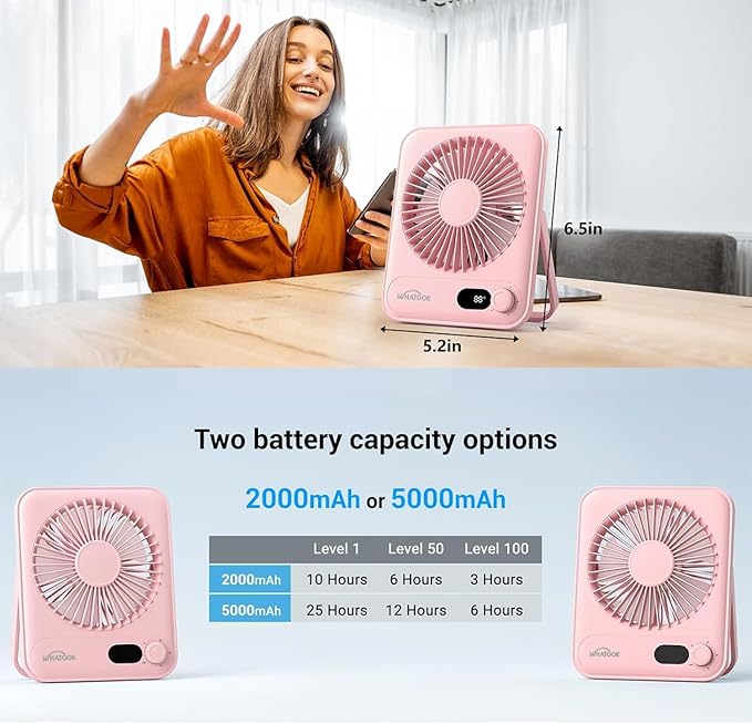WHATOOK Small Desk Fan Personal Fans: 5000mah 25 Hours Battery Office Quiet Mini Desktop Fan Portable Rechargeable Travel Essentials (Pink, 2000 mAh)