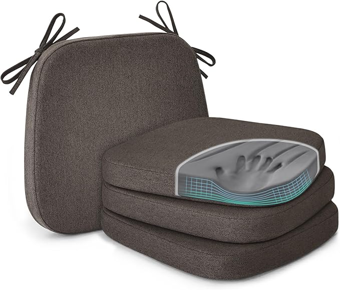 Shinnwa Seat Cushions for Dining Room Chairs 4 Pack, Patented Design Memory Foam Dining Chair Pads with Ties and Washable Cover, Set of 4, 17" x 16" x 2", Dark Brown