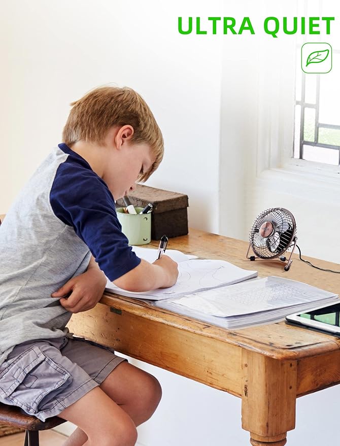 xasla 4 Inch Small USB Desk Fan, Mini Quiet Fan with Metal Construction & Strong Airflow & 360°Adjustable Tilt Angle, Personal Cooling Fan for Desktop Office (Bronze)