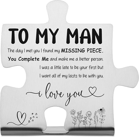 To My Man Puzzle Desk Sign, Stainless Steel Missing Piece Love Gift for Boyfriend Husband, Romantic I Love You Keepsake for Anniversary, Valentine's Day, Birthday Nightstand Decor - FSD353