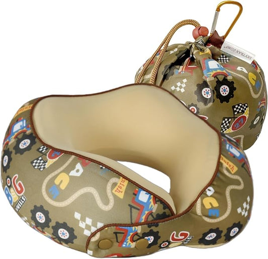 SKYTRAX® Certified Kids Safe Memory Foam Travel Neck Pillows for Kids and Toddlers, Cute Cartoon Design, Car Seat & Airplane Head Neck Support, Adjustable Snap Buttons, Washable Soft Cover (Racecar)