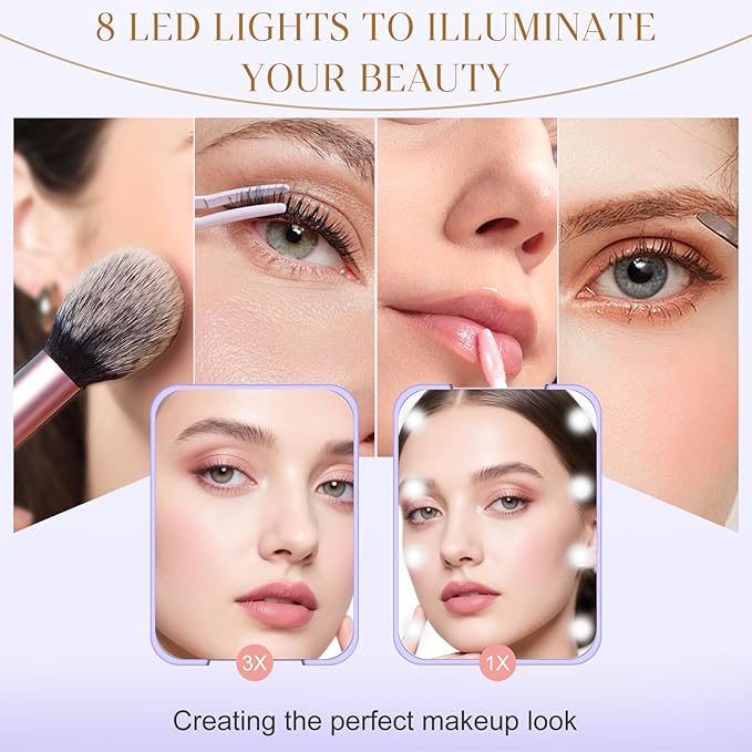 Compact Mirror, 1X/3X Magnification LED Pocket Mirror with Nternal BIattery, Mini Mirror for Purse, Pocket,Travel and Present (Purple)