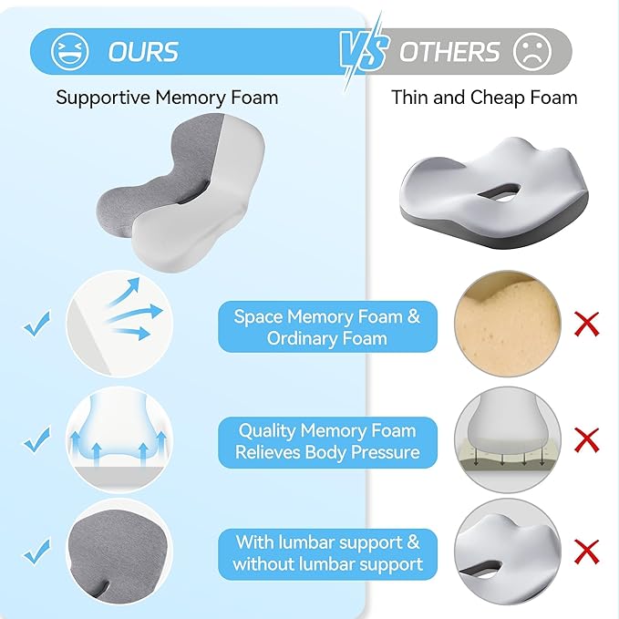 Truck Driver Seat Cushion, Memory Foam L-Shaped Ergonomic Cushion for Office Chairs, Comfort & Support for Long Sitting