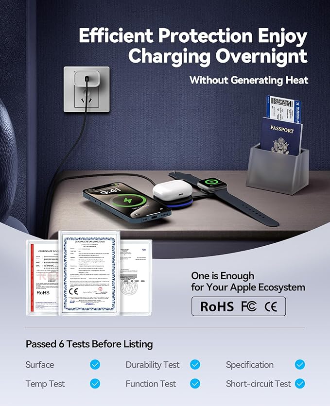 Wireless Charger iPhone Charging Station - 3-in-1 Magnetic MagSafe Charger Multiple Devices for Apple, 15W Fast Charging Foldable Travel Charging Pad for iPhone 17/16/15/14/13/12, AirPods, Apple Watch