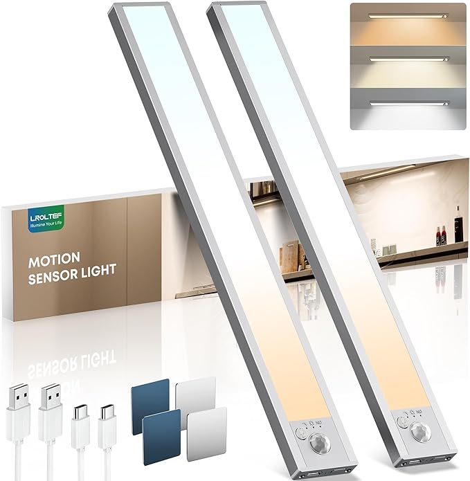 Under Cabinet Lights Wireless, 2 Pack 15.7 inch 1500mAh 3000K 4000K 6500K 3 Color Temps Dimmable Motion Sensor Light Indoor, Rechargeable LED Under Counter Lights for Kitchen, Stairs, Closet