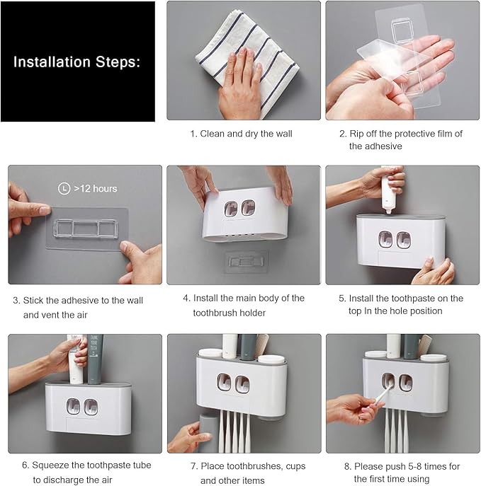 Toothbrush Holder Multifunctional Wall Mounted Toothbrush and Toothpaste Squeezer Kit with 2 Toothpaste Dispenser, 5 Toothbrush Slots, 4 Cups and 1 Storage Compartment Organizer for Bathroom