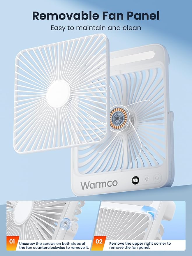 Warmco 20000mAh Battery Powered Fan, Ultra-Slim 8-Inch Portable Camping Fan with LED Lantern, Up to 48H Runtime Rechargeable Desk Fan for Bedroom, Outdoor, Tent, Travel, Cruise Ship Essentials