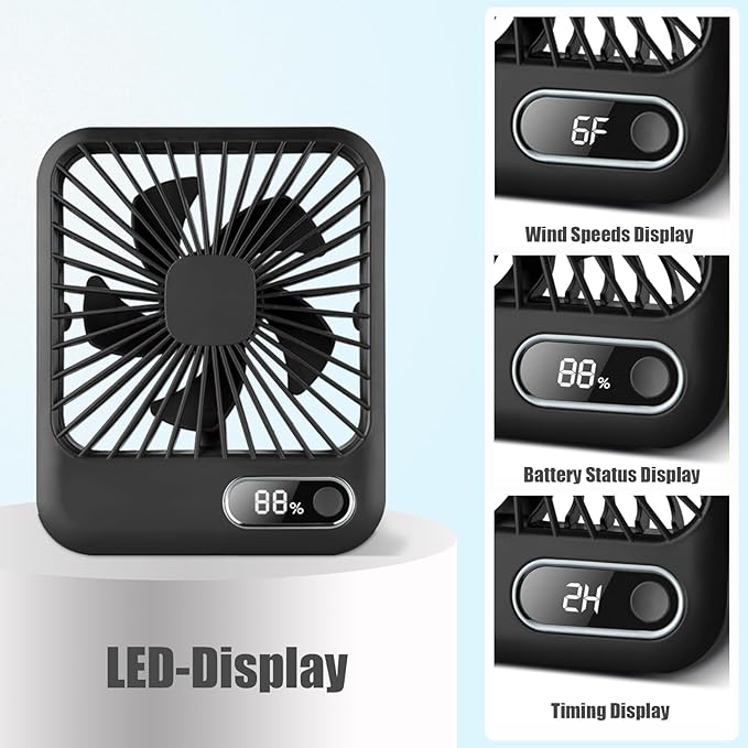 USB Rechargeable Fan with 4000mAh Battery Desk Fan 6.5" Portable Travel Fan Personal Fan 180°Foldable 6 Speeds 6 Hours Timer & Digital Display，Ideal Gifts for Office Home Camping