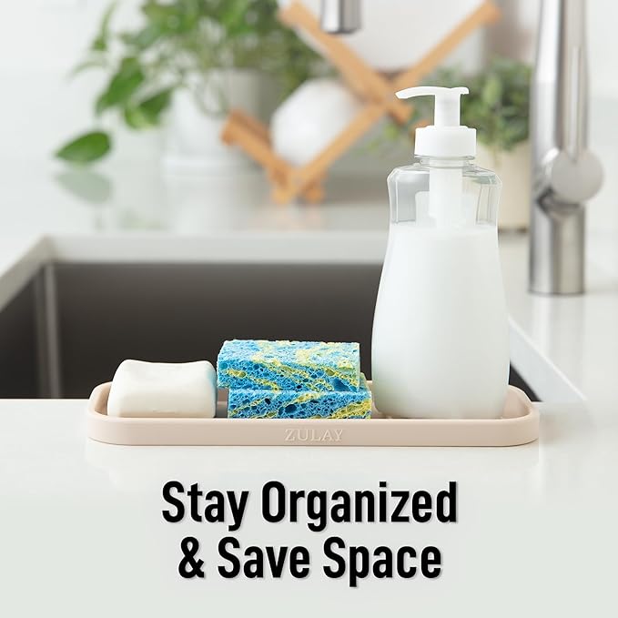 Zulay Kitchen (9x3.5) Silicone Sponge Holder for Kitchen Sink - Flexible Multipurpose Soap Tray - Sink Organizer for Kitchen, Bathroom, Makeup, Trinkets & More (Ivory)