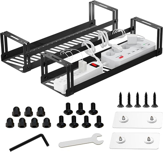 Under Desk Cable Management Tray, 17 in Metal Cable Tray Basket for Wire Management, Power Strip Holder, Cord Organizer, Wire Tamer for Home/Office Desk Cable Hider Black, 2 Pack