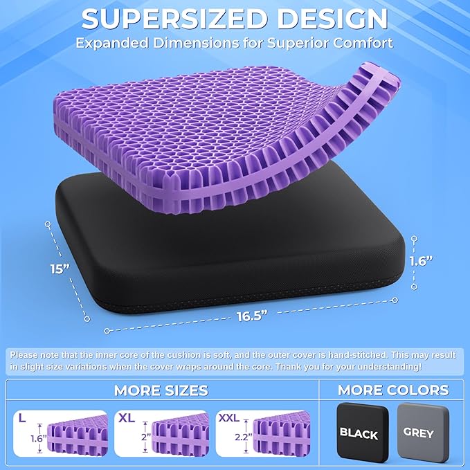TushGuard Gel Seat Cushion for Long Sitting, Enlarged & Thickened Patent Design, Breathable Cooling for Office Chair, Soft Car Seat Cushion for Wheelchair (Large, Black)