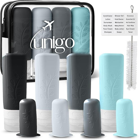 unigo Silicone Travel Bottles Set for Toiletries, Airplane Approved TSA Carry On Size, BPA Free Leakproof Refillable Squeeze Containers with Labels, Cleaning Brush and Covers (Gray)