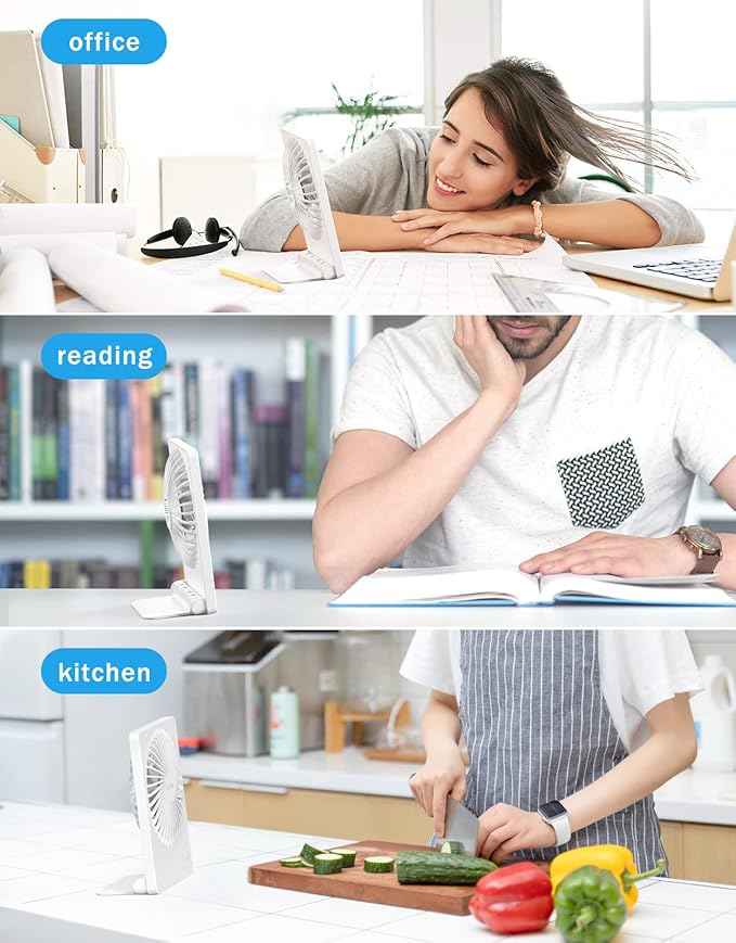 Zuvas Desk Fan Battery Operated Fan Rechargeable 180°Tilt Folding Personal Fan Ultra Quiet Small Portable 3 Speed Adjustable Strong Wind Fan For Office Bedroom Home Desktop Camping (White)