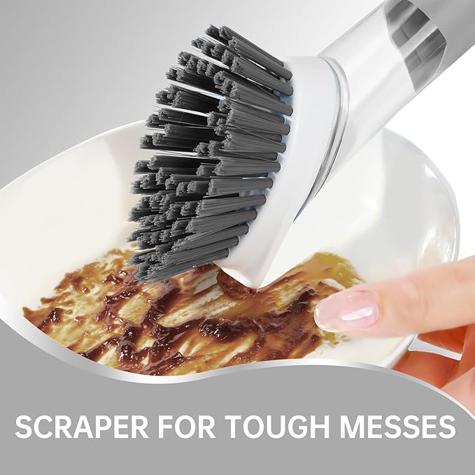 Soap Dispensing Scrub Brush - 4-in-1 Kitchen Cleaning Brush with Built-in Tank, Scraper Heads for Stubborn Grime on Pots Pans, Stand/Hang Storage-Grey