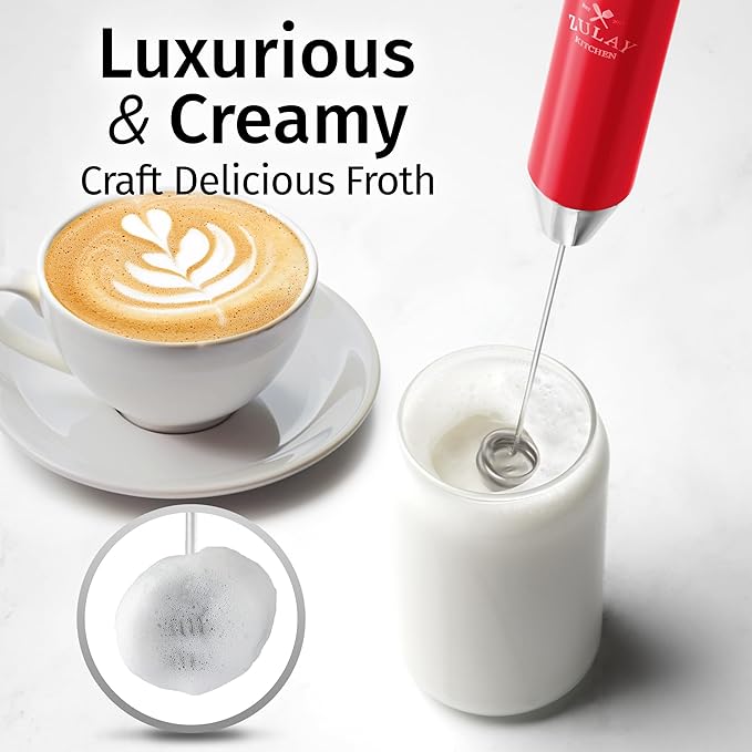 Zulay Kitchen Rechargeable Milk Frother Handheld Lux - Powerful 2-Speed Motor, Waterproof, 2000mAh Battery - Drink Mixer for Latte, Cappuccino, Matcha & Protein Powder - Scarlet