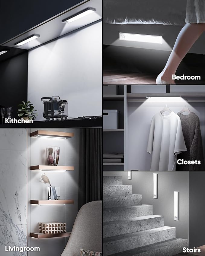 Under Cabinet Lights, LED Rechargeable Battery Operated Motion Sensor Lights Indoor, 6500K Magnetic Dimmable Closet Lights, 1500mAh Wireless Under Counter Night Lights for Kitchen, Home, 5 Packs