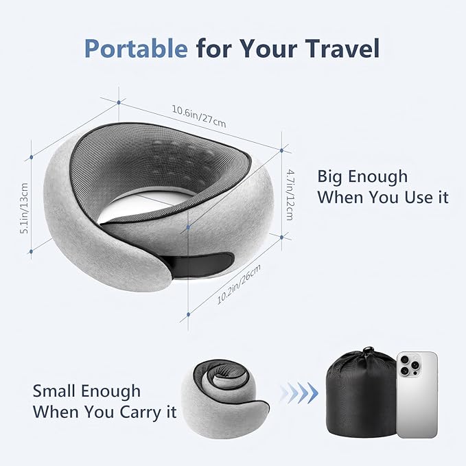 Travel Neck Pillow with 100% Pure Memory Foam, G-Shape, Includes Eye Mask & Ear Plugs, Ergonomic Design for Airplane, Car & Office, etc, Beige Gray