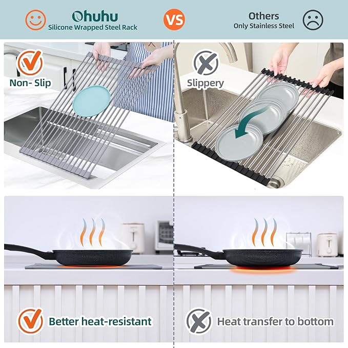Ohuhu Dish Drying Rack Over The Sink, Roll Up Sink Rack 20.5" W x 13.1" L Rolling Dish Drainer Foldable Accessories Heat-Resistant Mat Anti-Slip Silicone Coated for Kitchen Counter
