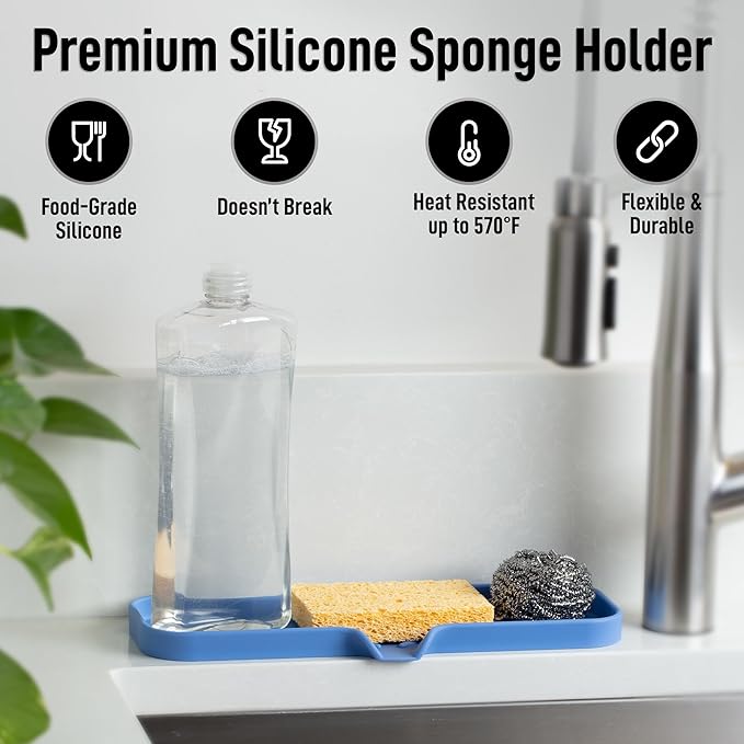 Zulay Kitchen Large Silicone Sponge Holder (12x4) – Flexible Sink Organizer Tray for Kitchen & Bathroom – Multipurpose Soap Dish for Sponges, Makeup, Trinkets & More (Provence Blue)