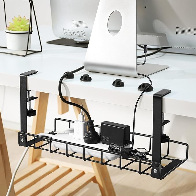 Under Desk Cable Management Tray, Xpatee Upgraded Wire Management No Drill No Screws, Cable Tray with Clamp for Wire Organizers, Computer Cord Rack for Office, Home - No Damage to Desk Black