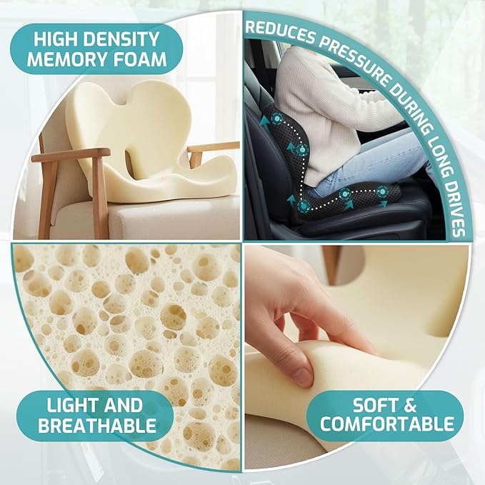 Trucker Seat Cushion, Car Seat Cushions with Lumbar Support Pillow, Ergonomic L-Shaped Orthopedic Memory Foam Pad for Long Driving Back Pain Sciatica Relief, Drivers Office Workers (Black+Mesh Cloth)