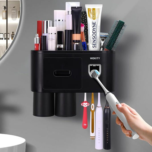 Wekity Toothpaste and Toothbrush Holder, Multi-Functional Toothbrush Holder Wall Mount for Bathroom Space Saving, with Toothpaste Dispenser and Colorful Gargle Cups (Black)