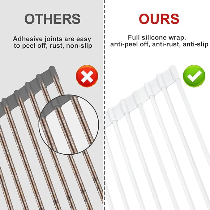 MERRYBOX Roll Up Over The Sink Dish Drying Rack Silicone Wrapped Foldable, Heat-Resistant, Anti-Slip Sink Rack Multipurpose Dish Drainer for Kitchen Sink Counter - White, 17.5" x 11"