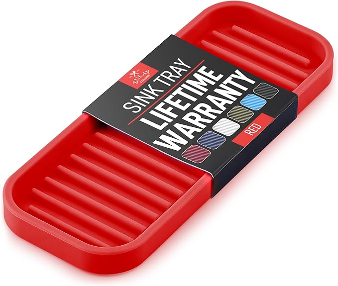 Zulay Kitchen (9x3.5) Silicone Sponge Holder for Kitchen Sink - Flexible Multipurpose Kitchen Soap Tray Sponge Holder - Sink Organizer Tray for Kitchen, Bathroom, Makeup, Trinkets & More (Red)