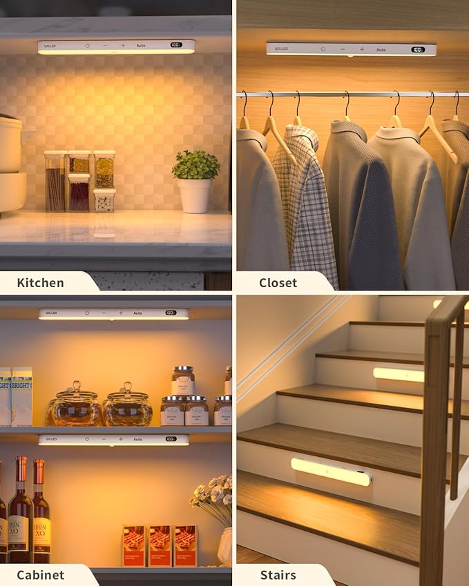 WILLED 3000K Closet Lights Motion Sensored, Battery Display, 60 LED Touch Light Bar, Motion Sensor Light Indoor, Under Cabinet Lights Rechargeable, Stick on Light for Closet, Kitchen, Hallway, 4 Pack