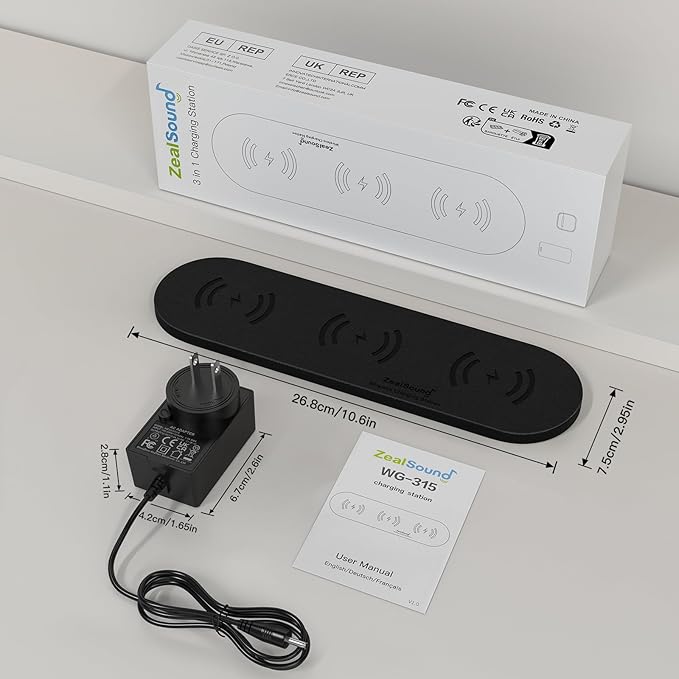 ZealSound Wireless Charging Pad,Triple Wireless Charger Pad Multiple Devices Compatible with iPhone Phone New AirPods Galaxy Buds Ultra-Slim PU Leather Wireless Charging Mat for Smartphone Phone Black