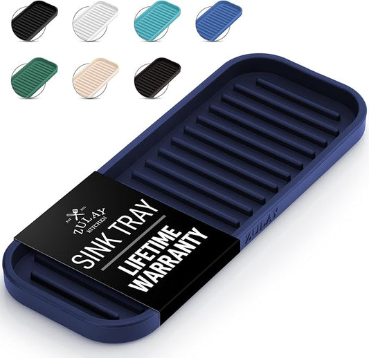 Zulay Kitchen (9x3.5) Silicone Sponge Holder for Kitchen Sink - Flexible Multipurpose Soap Tray - Sink Organizer for Kitchen, Bathroom, Makeup, Trinkets & More (Dark Blue)